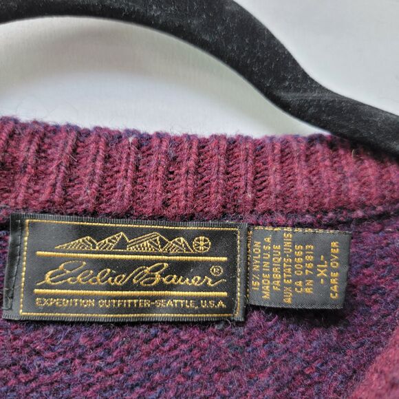 Vintage Eddie Bauer Burgundy Blue Wool Blend Sweater Long Sleeve Men's Size XL - Picture 3 of 7